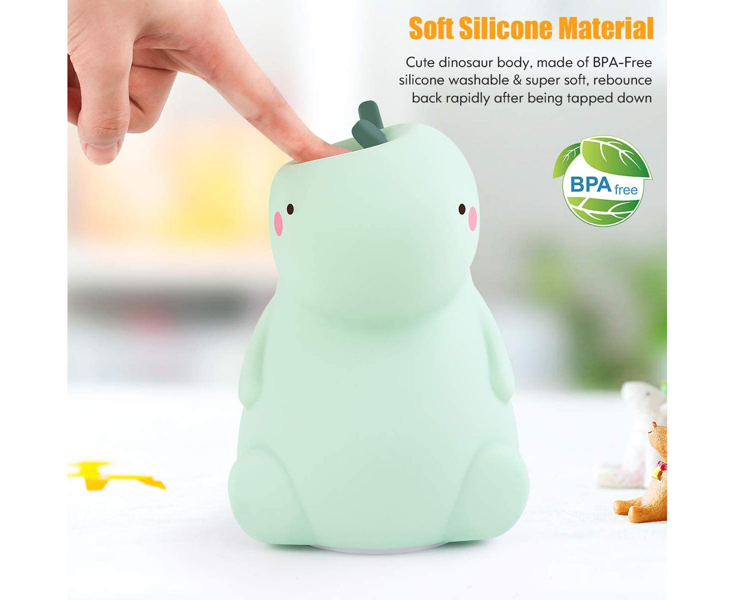 Dinosaur Night Light for Kids, Cute Color Changing Silicone Baby Night Light with Touch Sensor Green