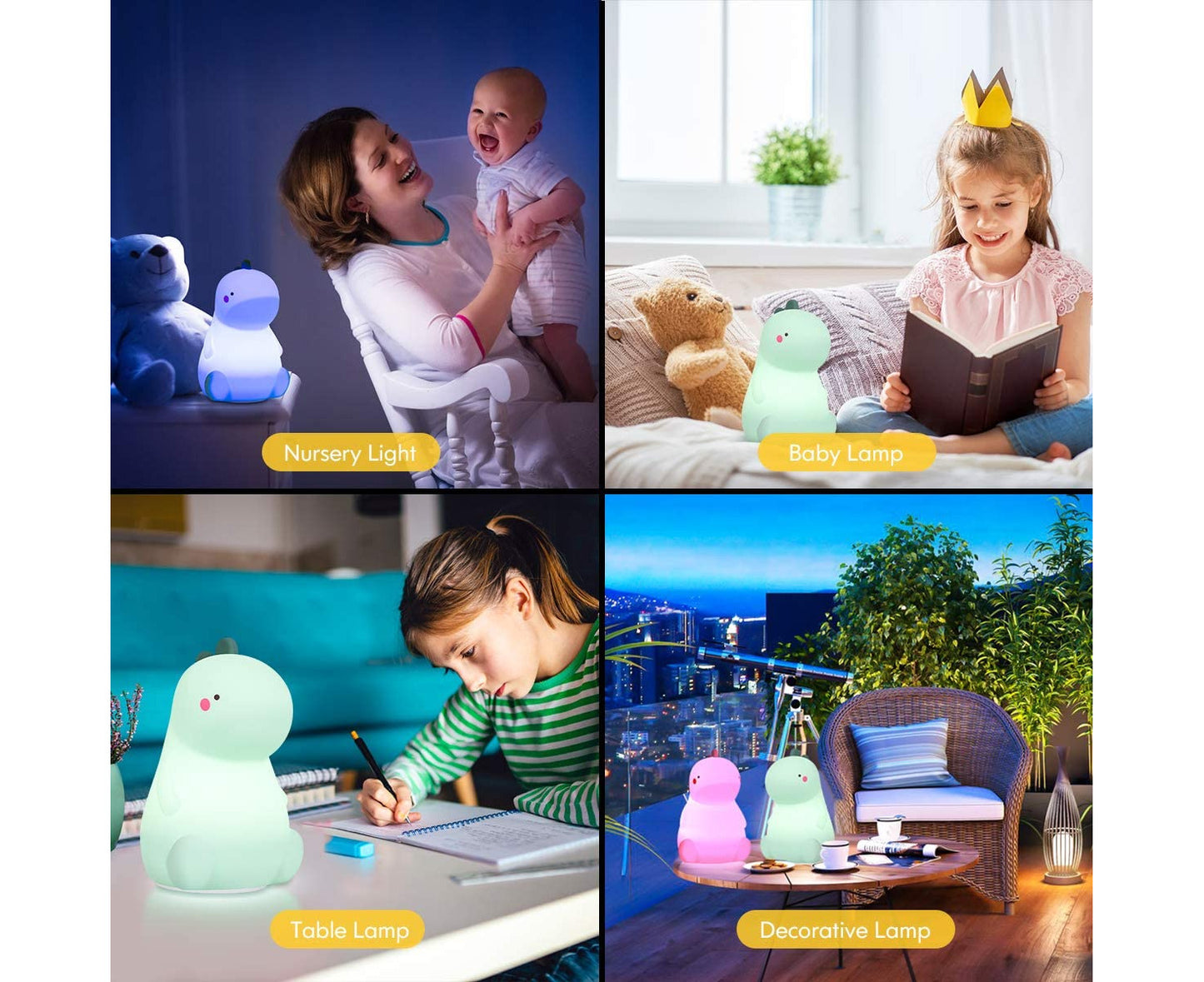 Dinosaur Night Light for Kids, Cute Color Changing Silicone Baby Night Light with Touch Sensor Green