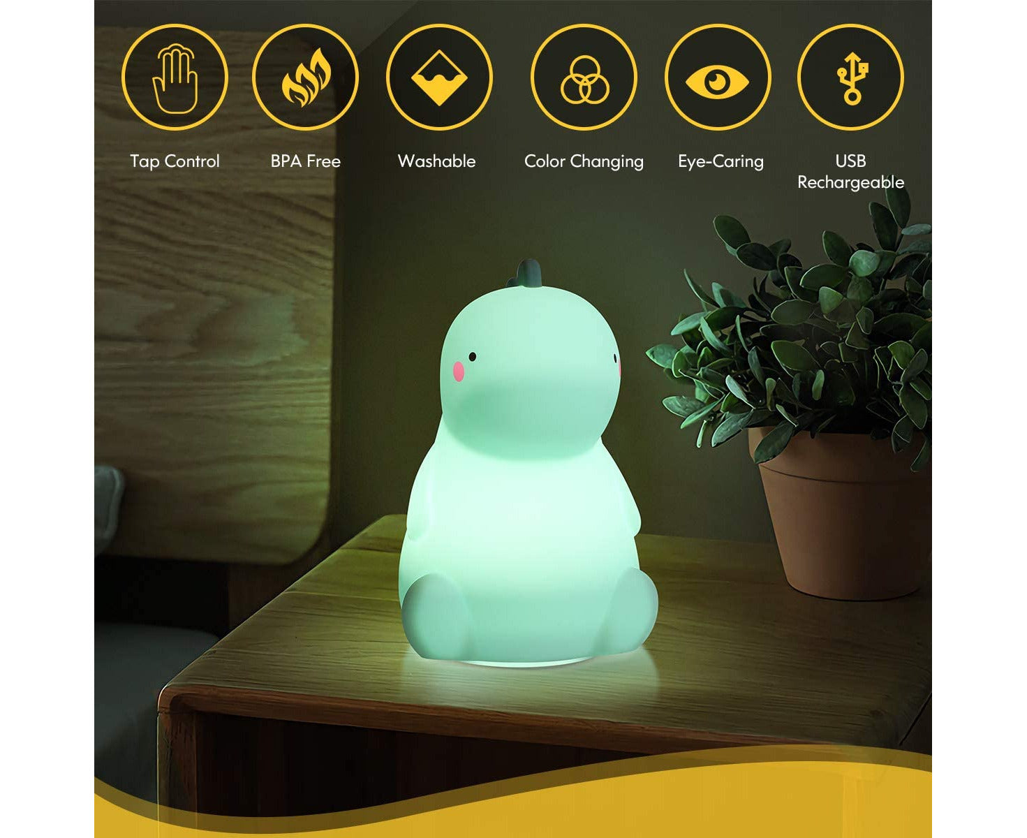 Dinosaur Night Light for Kids, Cute Color Changing Silicone Baby Night Light with Touch Sensor Green