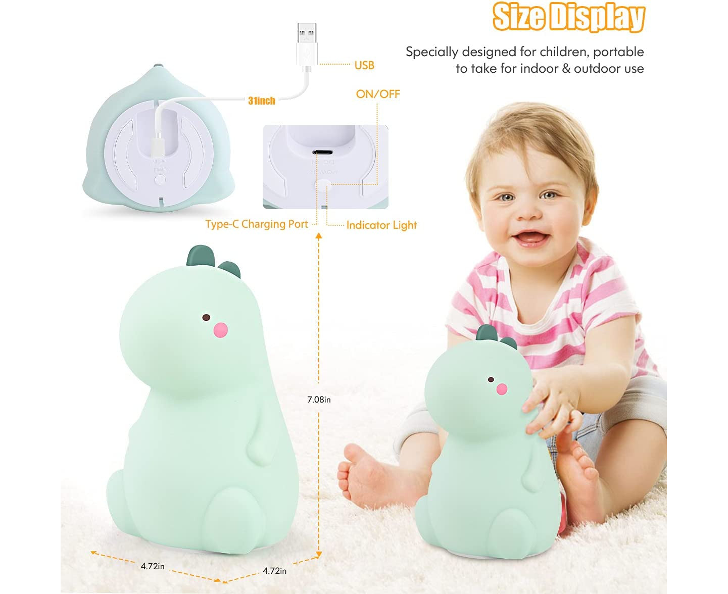 Dinosaur Night Light for Kids, Cute Color Changing Silicone Baby Night Light with Touch Sensor Green