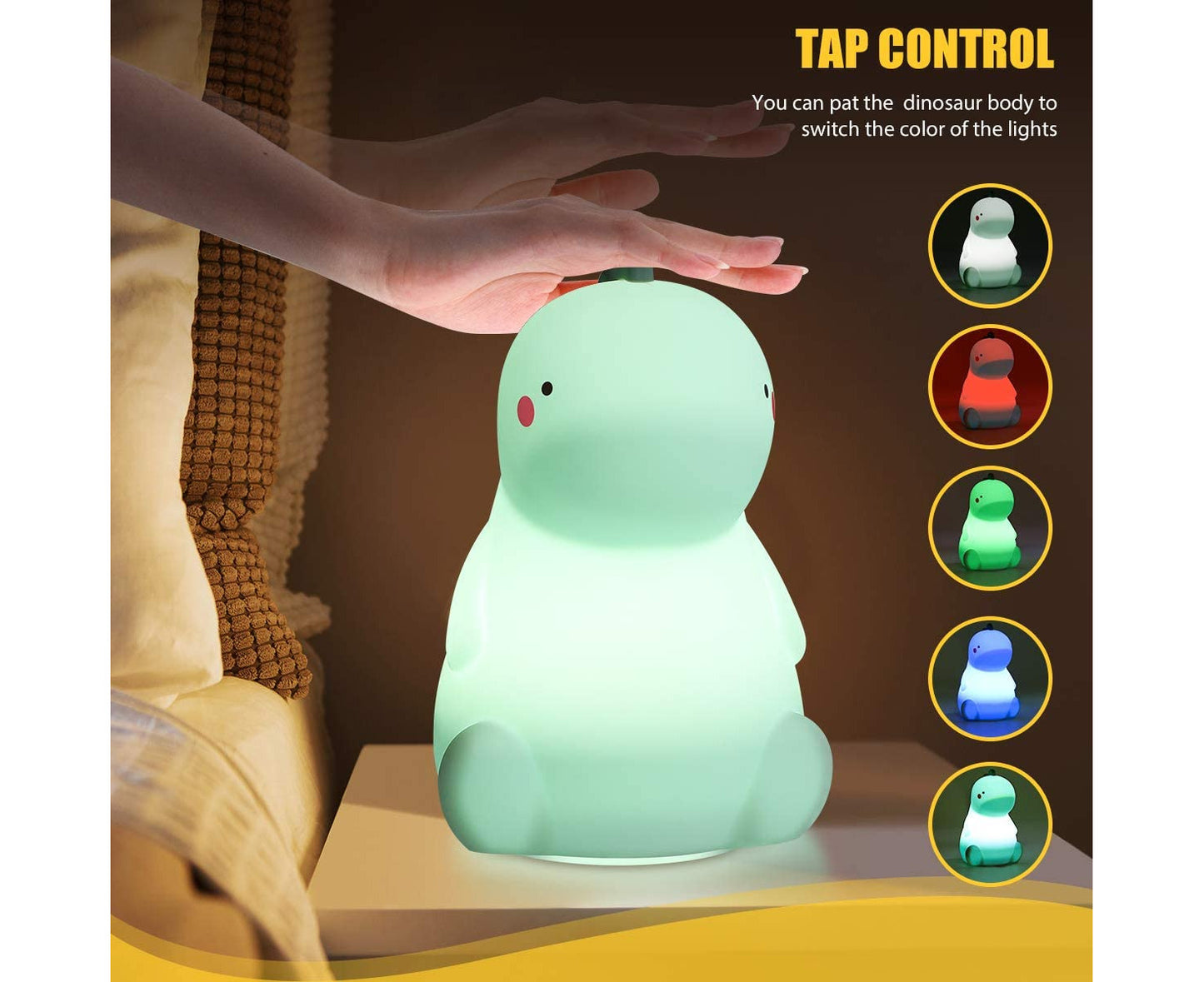 Dinosaur Night Light for Kids, Cute Color Changing Silicone Baby Night Light with Touch Sensor Green