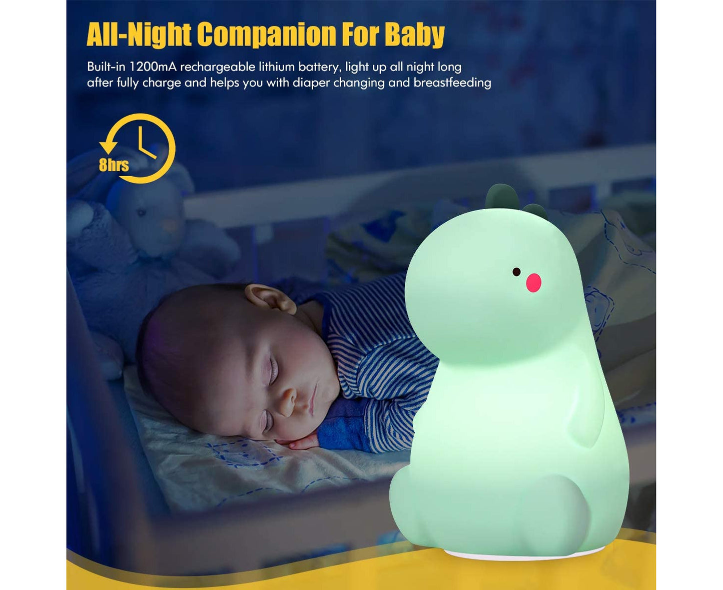 Dinosaur Night Light for Kids, Cute Color Changing Silicone Baby Night Light with Touch Sensor Green